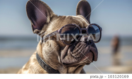 Portrait of a French bulldog with sunglasses on the sea and the beach background, Generated AI 103120169