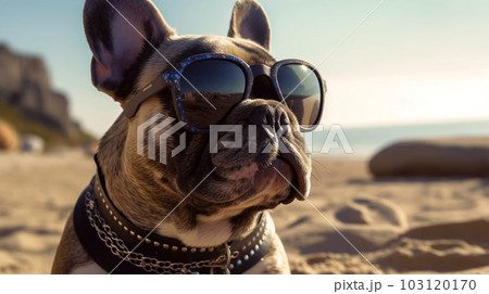 Portrait of a French bulldog with sunglasses on the sea and the beach background, Generated AI 103120170
