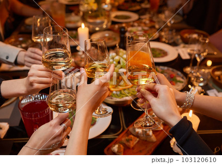 Clinking glasses with alcohol and toasting, party. 103120610