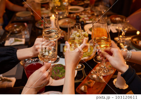 Clinking glasses with alcohol and toasting, party. 103120611