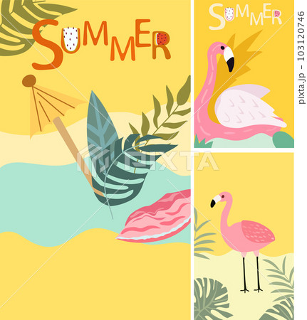 An imaginative backdrop featuring a picturesque seaside landscape, a vibrant sun, flamboyant foliage, and the playful presence of a flamingo. A collection of summer-themed posters. Vector An imaginative backdrop featuring a picturesque seaside landscape, a vibrant sun, flamboyant foliage, and the playful presence of a flamingo. A collection of summer-themed posters. Vector 103120746