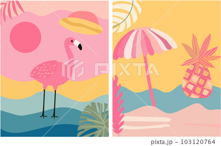 An imaginative backdrop featuring a picturesque seaside landscape, a vibrant sun, flamboyant foliage, and the playful presence of a flamingo. A collection of summer-themed posters. Vector 103120764