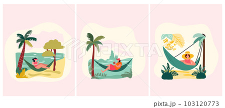 Women relaxing at the beach. Woman reclining in coastal hammocks, savoring sunny alfresco. Vacation mood concept. Vector illustration 103120773