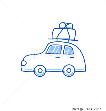Road trip car doodle. Hand drawn sketch doodle style trip car with luggage. Blue pen line stroke isolated element. Travel, trip concept. Vector 103120846