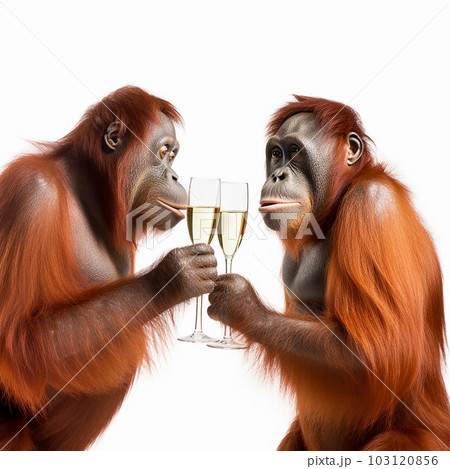 Two orangutans hold glasses of champagne and clink glasses, playful congratulations, success, completion of the case, close-up on a white background 103120856