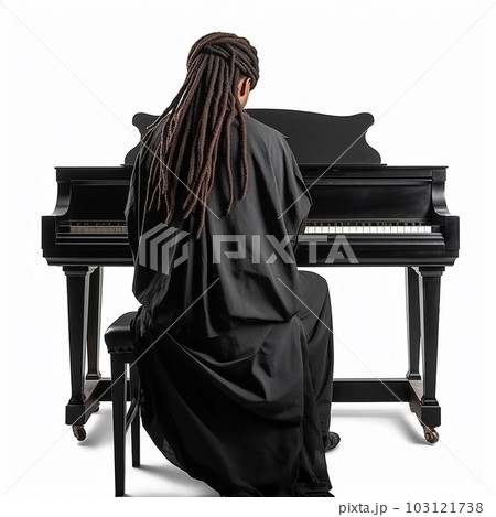 A man in black clothes with dreadlocks plays on the piano, rastaman, musician, pianist, close-up isolated on a white background 103121738