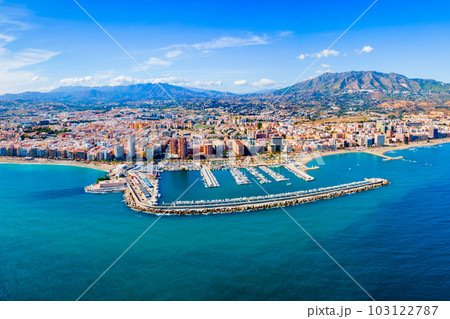 Fuengirola city beach and port aerial panoramic view 103122787