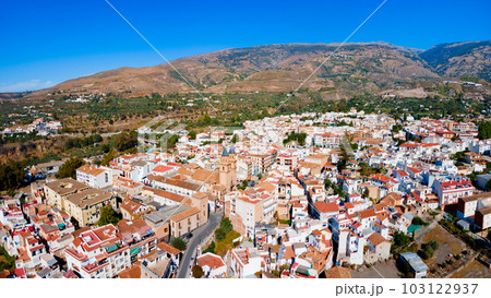 Orgiva town aerial panoramic view in Alpujarras, Spain 103122937