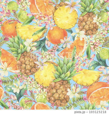 Watercolor Vintage Tropical Summer Fruit Seamless Patternon Blue Watercolor Vintage Tropical Summer Fruit Seamless Patternon Blue 103123218