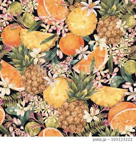 Watercolor Vintage Tropical Summer Fruit Seamless Pattern on Black 103123222