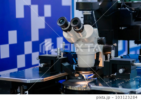 Professional microscope at technology exhibition, trade show 103123284