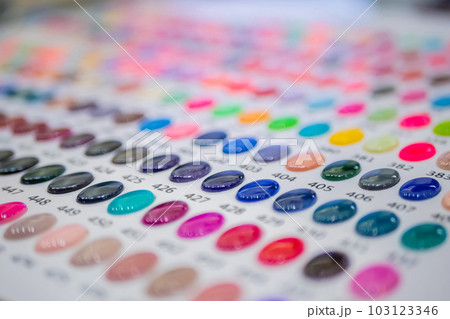 Set of nail art color palette on counter of make up store 103123346