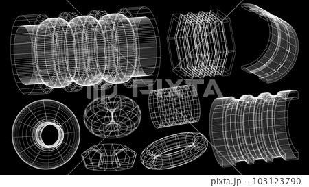 Set of abstract geometric technology elements in cyberpunk style. Retro vintage collection 3d virtual digital design. Texture 80s vr. Futuristic metaverse pattern. Vector isolated template background 103123790