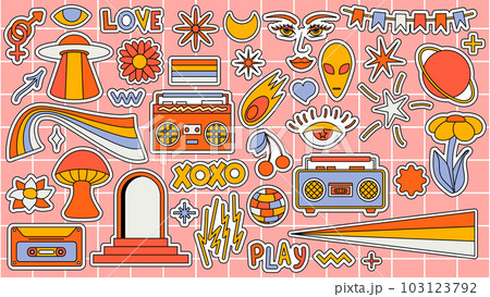 Set of hipster retro cool psychedelic elements. Collection stickers of groovy cliparts from the 70s 60s. Collage with trendy pop vibe with funky design element. Abstract background of cartoon sticker 103123792