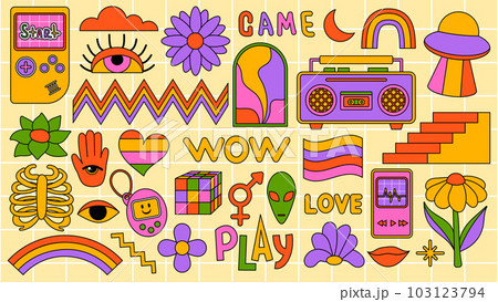 Set of hipster retro cool psychedelic elements. Collection stickers of groovy cliparts from the 70s 60s. Collage with trendy pop vibe with funky design element. Abstract background of cartoon sticker 103123794