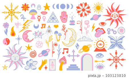 Magic background groovy in retro trend style with clipart elements. mystical vector isolated pattern. editable stroke clipart stickers. Esoteric element witchcraft. Collection of occult symbols y2k 103123810