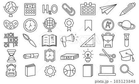 Back to school. Set of editable stroke icons of office supplies for studying at school. Collection isolated education kids accessory. vector object stuff design. graphic patch element children study 103123848