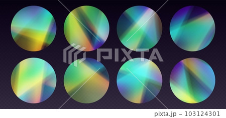 Crystal refraction stickers, leak flare, rainbow sunlight effect, holographic reflections in circle shape. Crystal refraction stickers, leak flare, rainbow sunlight effect, holographic reflections in circle shape. 103124301