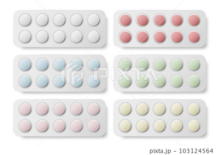 Vector Realistic Round Pharmaceutical Medical Pills, Vitamins, Capsule in Blister Set Closeup Isolated. Pills Design Template, Collection. Front, Top View. Medicine, Health Concept 103124564