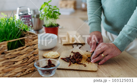 Close up of senior man cutting dried tomatoes. Close up of senior man cutting dried tomatoes. 103125031