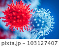 An illustration of a blue-colored virus darting through the bloodstream. Generative Ai 103127407