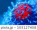 A close-up view of a blue virus diving into the bloodstream. Generative Ai 103127408