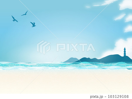 青空が広がる夏の海と浜辺の背景イラスト(灯台とカモメ) 青空が広がる夏の海と浜辺の背景イラスト(灯台とカモメ) 103129108