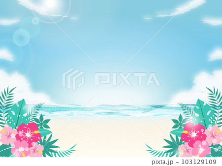 青空が広がる夏の海と浜辺の背景イラスト(ハイビスカスと太陽) 青空が広がる夏の海と浜辺の背景イラスト(ハイビスカスと太陽) 103129109