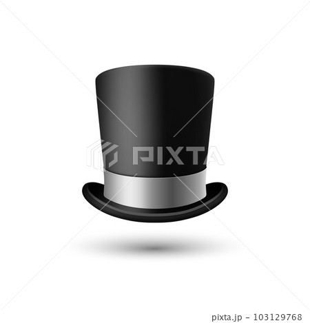 Vector 3d Realistic Black Top Hat Icon with Silver Color Ribbon Closeup Isolated on White Background. Classic Retro Vintage Top Hat, Vintage Gentlemans Mens Hat, Front View 103129768