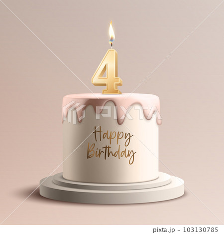 Four Years. Vector Birthday Anniversary Sweet Cake. Greeting Card, Banner with 3d Realistic Burning Golden Birthday Party Candle, Number, Flame. Icon Design Template for Birthday Concept. Front View Four Years. Vector Birthday Anniversary Sweet Cake. Greeting Card, Banner with 3d Realistic Burning Golden Birthday Party Candle, Number, Flame. Icon Design Template for Birthday Concept. Front View 103130785