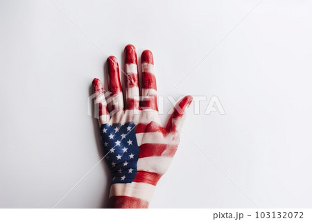 On a white background, the US flag. American flag with grunge texture with elements of blood, the concept of war. generative ai On a white background, the US flag. American flag with grunge texture with elements of blood, the concept of war. generative ai 103132072