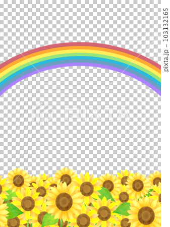 Summery illustration background material with lots of sunflowers and a rainbow 103132165