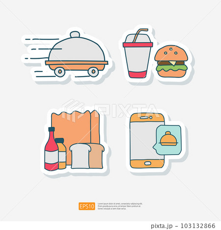 Food Bag, Phone Order, Burger Doodle. Set of Food Delivery Service Related Doodle Sticker Vector Illustration 103132866