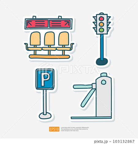 Parking Zone Sign, Traffic Light, Turnstile Gateway, Bus Terminal Waiting Seat Doodle Sticker Set Vector Illustration Parking Zone Sign, Traffic Light, Turnstile Gateway, Bus Terminal Waiting Seat Doodle Sticker Set Vector Illustration 103132867