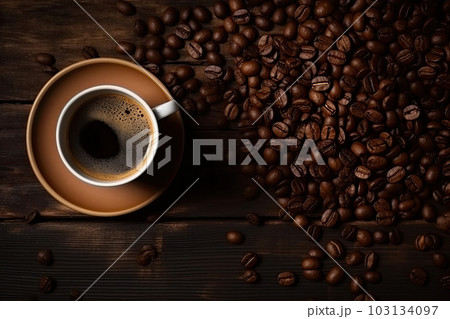 Coffee cup and coffee beans on a dark stone background. Generative AI 103134097