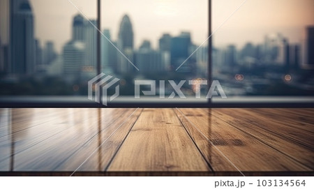 Wood table top on blur glass window wall building background. Generative AI Wood table top on blur glass window wall building background. Generative AI 103134564