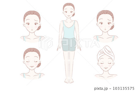 エステ・美容・脱毛サロンにぴったりのお団子ヘアーの女性の全身と悩む・施術中のイラストセット 103135575
