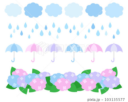 梅雨の季節でよくある紫陽花と雨のイラストセット 103135577