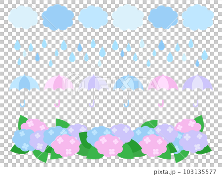 梅雨の季節でよくある紫陽花と雨のイラストセット 103135577