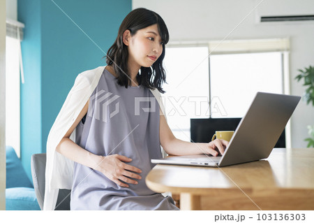 自宅でリモートワークをする妊婦 自宅でリモートワークをする妊婦 103136303