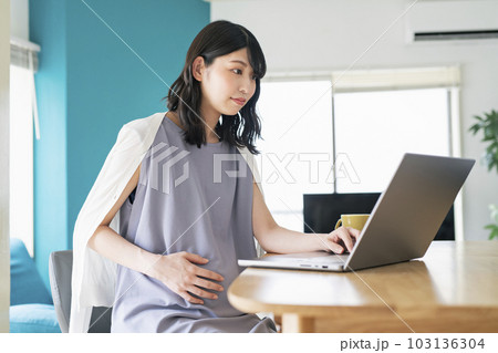 自宅でリモートワークをする妊婦 103136304