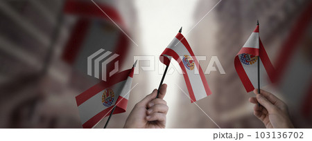 A group of people holding small flags of the French Polynesia in their hands A group of people holding small flags of the French Polynesia in their hands 103136702