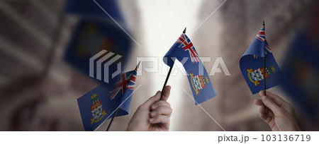 A group of people holding small flags of the Cayman Islands in their hands 103136719