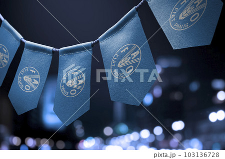 A garland of Food and agriculture organization national flags on an abstract blurred background 103136728