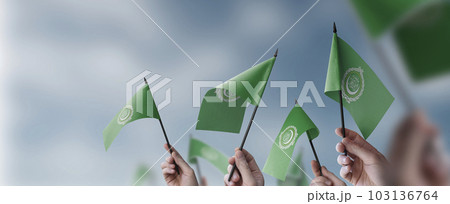 A group of people holding small flags of the Arab League in their hands A group of people holding small flags of the Arab League in their hands 103136764