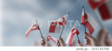 A group of people holding small flags of the Greenland in their hands 103136766