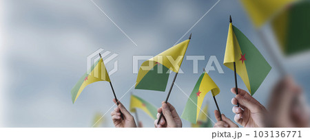 A group of people holding small flags of the French Guiana in their hands A group of people holding small flags of the French Guiana in their hands 103136771