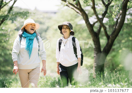 ハイキングを楽しむシニア女性友達 103137677
