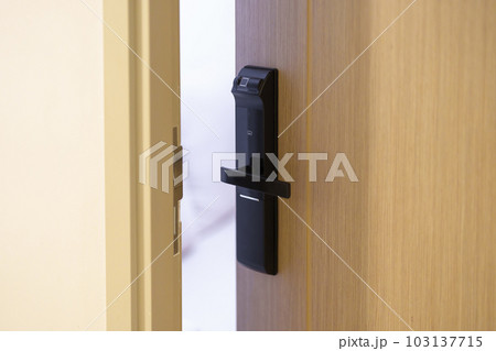 smart digital door lock while open or close the door at home or apartment. NFC Technology, Fingerprint scan, keycard, PIN number, smartphone, electrical and contactless lifestyle concepts smart digital door lock while open or close the door at home or apartment. NFC Technology, Fingerprint scan, keycard, PIN number, smartphone, electrical and contactless lifestyle concepts 103137715