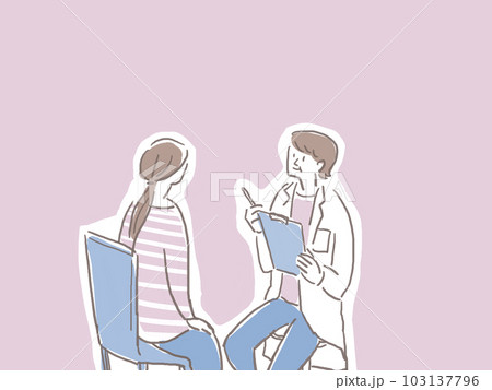 白衣を着た女性と話す女性（患者）（背景無地） 103137796